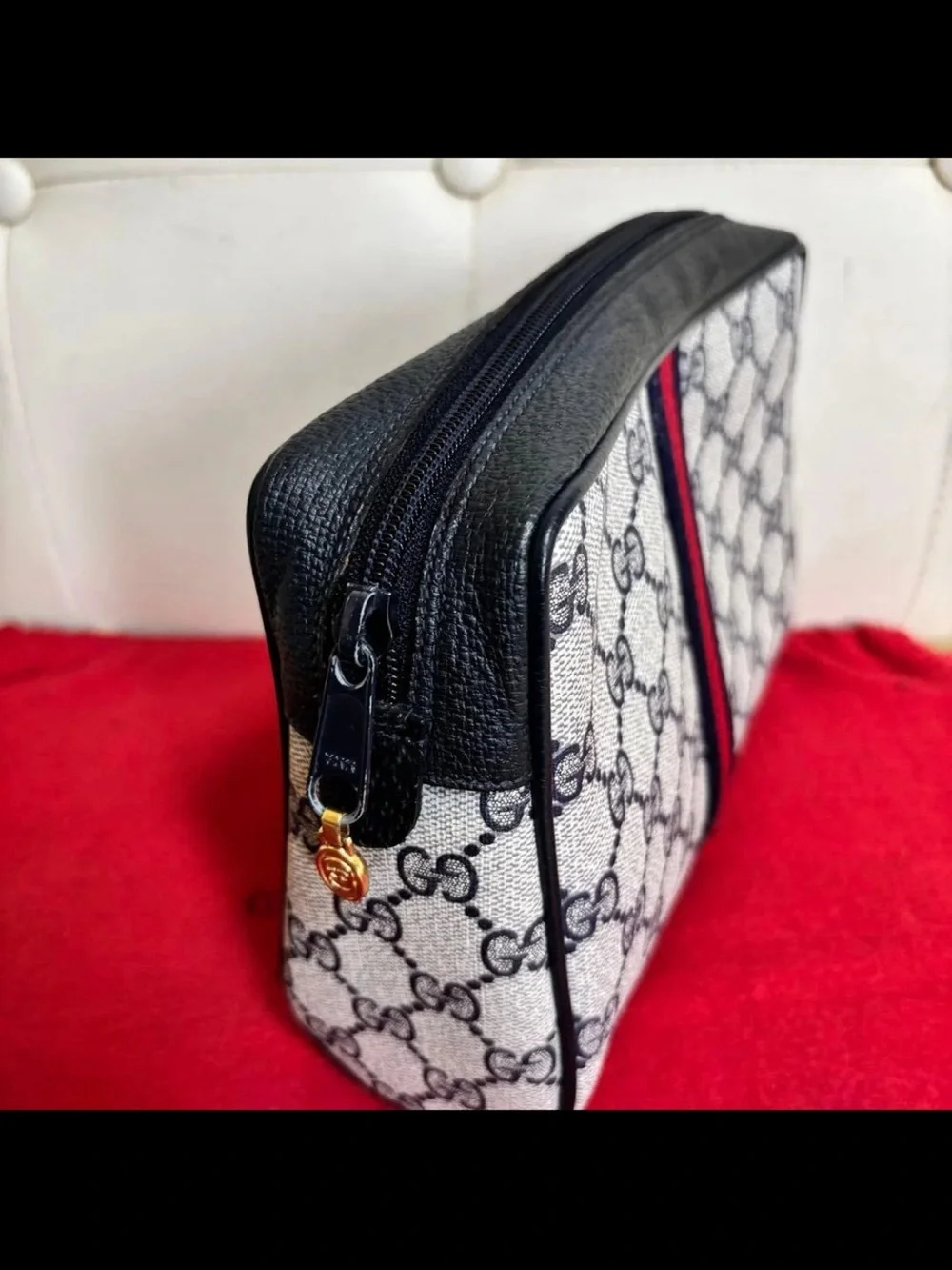 Gucci Beige/Black Toiletry Pouch with Red Center Stripe